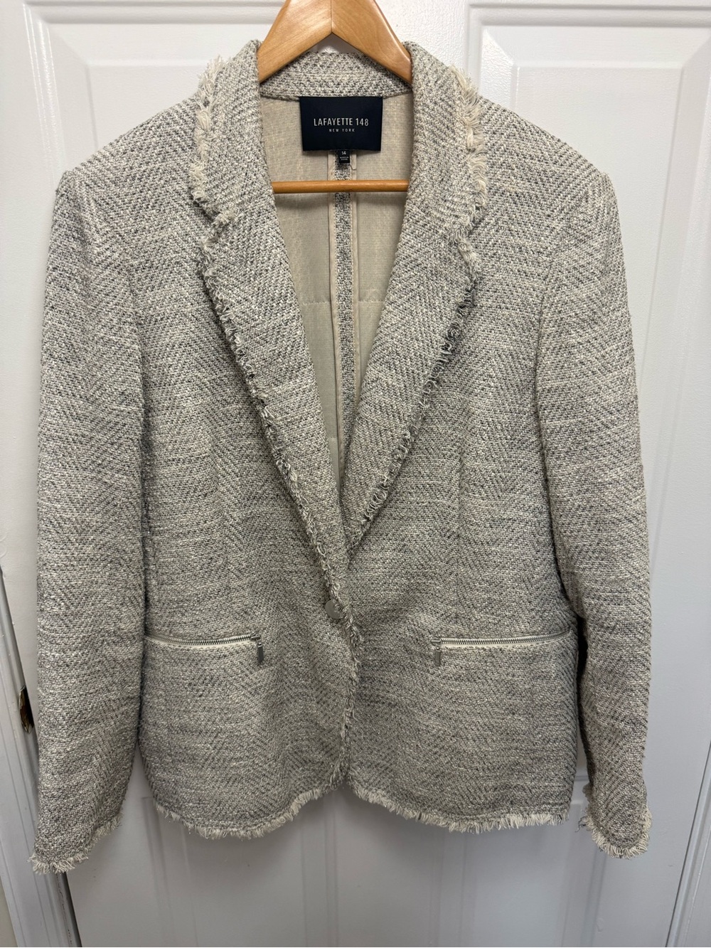Lafayette 148 Lyndon Gray Fringed Boucle Blazer Size 14 Office Career